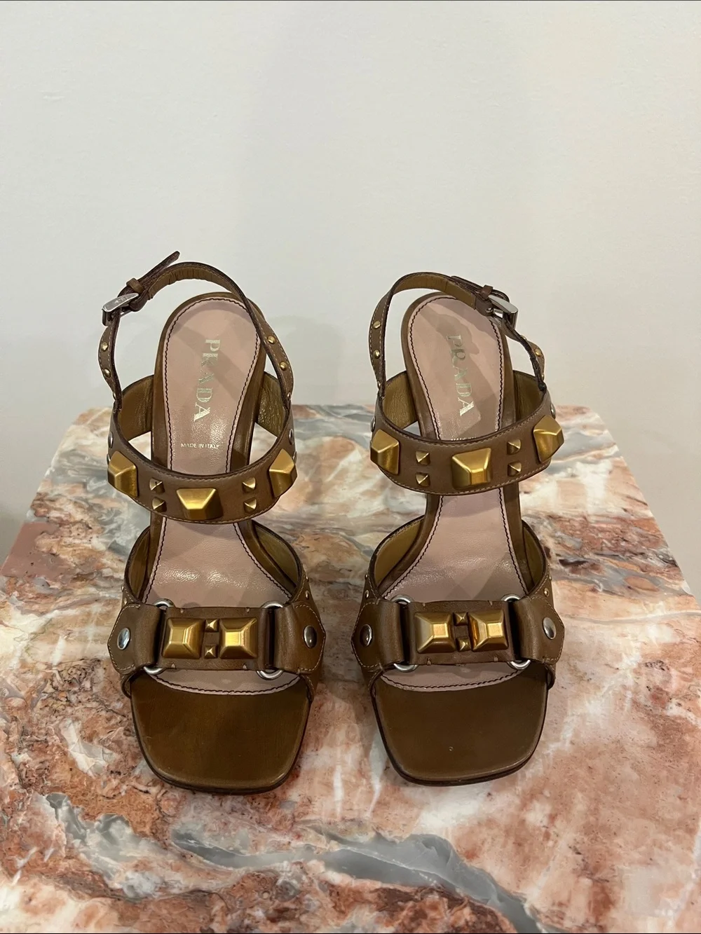Prada Brown Leather Stud-Embellished Slingback Heels
